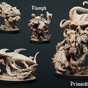 May include: A collection of detailed fantasy creature figurines, including a Meteor Mimic, Flumph, Void Shark, and Primordial Crab. Each figure is sculpted in a neutral color, showcasing intricate textures and designs. The names of the creatures are displayed in white text.