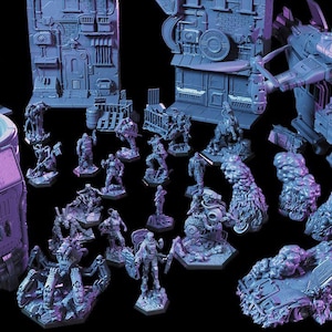 Puede incluir: Colección de miniaturas de terreno y figuras de ciencia ficción en tonos azules y morados. Incluye un helicóptero futurista, edificios y varias figuras humanoides y alienígenas, para juegos de mesa.