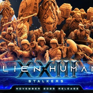 May include: A promotional image for "Alien vs Humans XXIII: Stalkers." The image features a group of detailed, orange-toned figures, some resembling soldiers and others alien creatures. The title text is prominently displayed in blue and white.