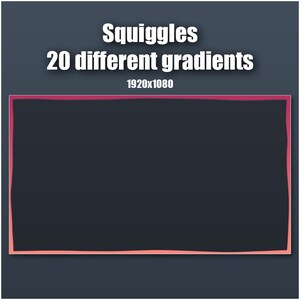 Puede incluir: Gráfico digital con el texto "Squiggles" y "20 gradientes diferentes" en blanco. La imagen tiene un fondo gris oscuro con un rectángulo negro delineado en rosa y naranja. La resolución es de 1920x1080 píxeles.