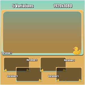 May include: A digital graphic with a teal and gold gradient background. The text "5 Variations" and "1920x1080" are at the top. The image features a large rectangular frame and five smaller frames, each with a rubber ducky.