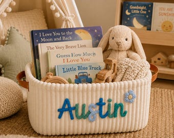 Personalised Baby Book Basket with Name, Storytime Nursery Storage, Kids Reading Basket, Toy Organiser, Baby Keepsake and Newborn Gift Idea