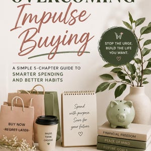 May include: An image promoting financial wellness, featuring a book titled "Overcoming Impulse Buying." The scene includes shopping bags, a coffee cup, a piggy bank, and books with titles like "Financial Freedom."