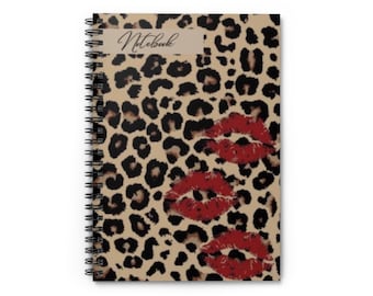 Leopard Print with Red Lipstick Kisses Spiral Notebook