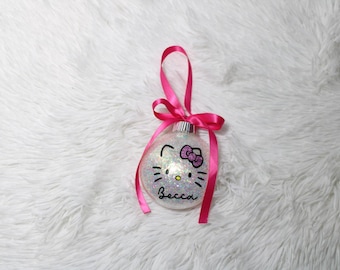 Roze kattenornament | Glitter kerstornament met lint