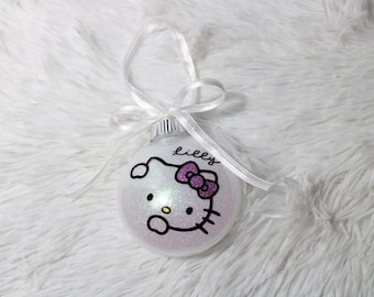 Roze kattenornament | Glitter kerstornament met lint