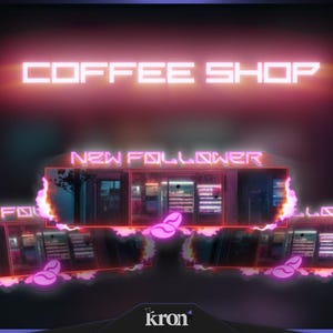 Op de afbeelding: Neonbord met de woorden "COFFEE SHOP" in roze. Hieronder worden drie rechthoekige afbeeldingen van een coffeeshop met de tekst "NEW FOLLOWER" weergegeven. De afbeelding heeft een donkere achtergrond met een paarse en roze gloed.