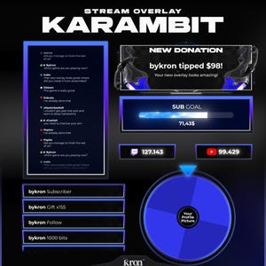 May include: A digital stream overlay design with a dark blue and purple color scheme. The overlay includes sections for chat, new donations, sub goals, and social media stats. The text "KARAMBIT" is prominently displayed at the top.