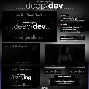 Könnte beinhalten: Ein digitales Stream-Overlay-Paket mit einer dunklen, monochromen Ästhetik und weißen Textelementen. Es enthält verschiedene Schnittstellenkomponenten wie Chat-Boxen, eine Spendenzielliste, einen Startbildschirm und eine Spendenbenachrichtigung.