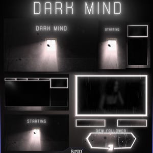 Può includere: Una grafica digitale con il testo "DARK MIND" in un font in stile neon. L'immagine presenta vari elementi di sovrapposizione di streaming, tra cui un frame video, caselle di chat e una notifica "NEW FOLLOWER", il tutto con un'estetica oscura e atmosferica.