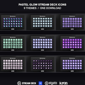 Può includere: Una collezione digitale di icone Pastel Glow Stream Deck con nove temi di colore distinti visualizzati su pannelli di controllo neri. Il testo recita: PASTEL GLOW STREAM DECK ICONS, 9 THEMES / ONE DOWNLOAD, STREAM DECK, elgato e kron.