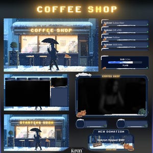 Op de afbeelding: Pixel art scène van een koffiehuis in de sneeuw, met de tekst "COFFEE SHOP" erboven. De afbeelding bevat een persoon met een paraplu, een "Starting Soon" bord en verschillende streaming overlay elementen, inclusief donatie meldingen.
