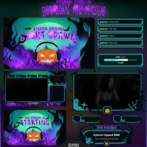 Op de afbeelding: Een digitaal streaming overlay-pakket met een Halloween-thema. Het ontwerp toont een pompoen met een koptelefoon, vleermuizen en een kerkhofscène. Tekst bevat "NIGHT SPAWN" en "THE STREAM IS STARTING".