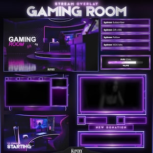 Puede incluir: Un diseño de superposición de sala de juegos digital con una combinación de colores púrpura y negro. El diseño incluye el texto "GAMING ROOM" y "STARTING". También presenta secciones para suscriptores, regalos, seguidores y notificaciones de bits, junto con una barra de progreso de subobjetivos.