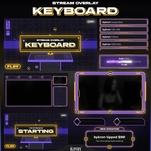 Op de afbeelding: Een digitaal stream overlay ontwerp met een paars en geel kleurenschema. Het ontwerp bevat secties voor een webcam, abonneer informatie en donatie meldingen. De tekst "KEYBOARD" en "THE STREAM IS STARTING" zijn zichtbaar.