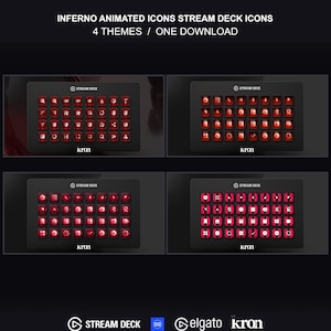 以下が含まれることがあります： 4つの黒いStream Deckコントロールパネルには、さまざまなスタイルの赤いアニメーションアイコンが表示されています。上部のテキストには「INFERNO ANIMATED ICONS STREAM DECK ICONS 4 THEMES / ONE DOWNLOAD」と書かれています。下部にはStream Deck、Elgato、kronのロゴがあります。
