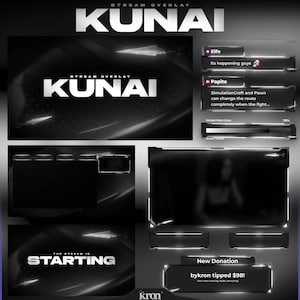 May include: A digital stream overlay set titled KUNAI featuring a black and white theme with kunai knife graphics. Includes elements for chat boxes, donation goals, camera frames, and text screens displaying STREAM OVERLAY KUNAI and THE STREAM IS STARTING.