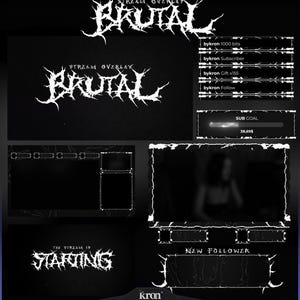 Peut inclure: Un design de superposition de flux noir et blanc avec le mot "BRUTAL" dans une police stylisée. Le design comprend des éléments pour afficher les informations du flux, tels que les décomptes d'abonnés et les notifications de followers. Le texte "THE STREAM IS STARTING" est également visible.