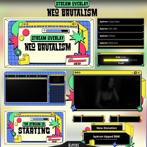 May include: A digital stream overlay package featuring a neo-brutalist design with yellow, pink, and blue accents. It includes various window-style frames, notification boxes for subscribers and donations, a sub goal progress bar, and text elements.
