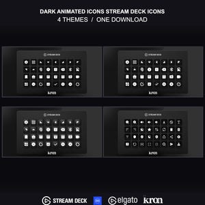 Puede incluir: Una colección digital de iconos animados oscuros para Stream Deck, que presenta cuatro temas distintos en una sola descarga. La pantalla muestra varios símbolos gráficos blancos sobre botones cuadrados negros, con el texto "DARK ANIMATED ICONS STREAM DECK ICONS 4 THEMES / ONE DOWNLOAD" y la marca "kron".