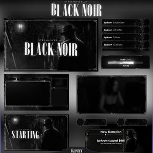 Könnte beinhalten: Ein schwarz-weißes Stream-Overlay-Design mit dem Text "BLACK NOIR". Das Design umfasst verschiedene Elemente wie Abonnenten- und Spendenbenachrichtigungen sowie eine "SUB GOAL" Fortschrittsanzeige. Das Gesamtthema ist eine Noir-Ästhetik.