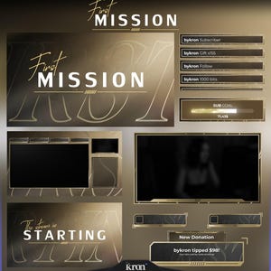 Puede incluir: Un diseño de superposición digital con una combinación de colores dorados y negros. El texto "First Mission" se muestra de forma destacada. Incluye secciones para contadores de suscriptores, regalos, seguimiento y bits, junto con una barra de progreso de subobjetivos y una alerta de donación. También es visible el texto "The stream is starting".