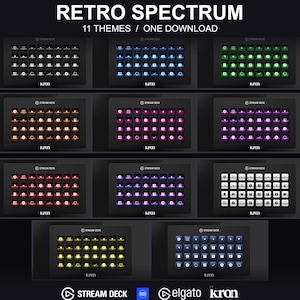 Puede incluir: Una colección digital titulada RETRO SPECTRUM 11 THEMES / ONE DOWNLOAD que presenta once variaciones de color distintas de conjuntos de iconos para un dispositivo Stream Deck. Cada conjunto muestra una cuadrícula de botones cuadrados con símbolos blancos.