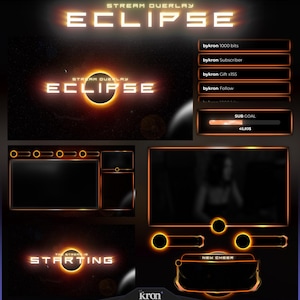 Pode incluir: Um design de sobreposição de fluxo digital com um tema de eclipse. O design apresenta a palavra "ECLIPSE" em letras laranja brilhantes, juntamente com vários painéis para exibir informações de fluxo, incluindo alertas de assinantes e doações. O texto "THE STREAM IS STARTING" também é visível.