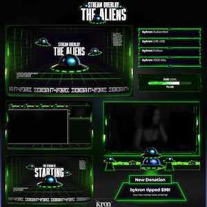 May include: A digital stream overlay design with a futuristic, alien theme. The design features green neon accents, stylized UFOs, and the text "THE ALIENS." Includes sections for subscriber information, donation alerts, and a sub goal progress bar.