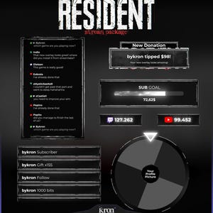 May include: A dark-themed streaming overlay package with the title "RESIDENT" at the top. The design includes chat windows, donation alerts, subscriber goals, and social media counters. The package is designed for streaming.