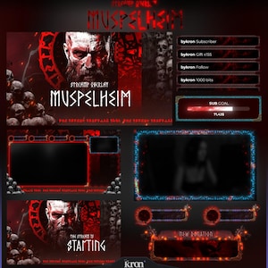 May include: A digital streaming overlay design with a dark red and black color scheme. The design includes a central graphic of a bearded man, skulls, and the word "MUSPELHEIM". Additional elements include subscriber and donation trackers, and a "The Stream is Starting" screen.