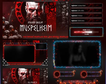 May include: A digital streaming overlay design with a dark red and black color scheme. The design includes a central graphic of a bearded man, skulls, and the word "MUSPELHEIM". Additional elements include subscriber and donation trackers, and a "The Stream is Starting" screen.