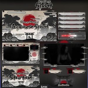 Peut inclure: Un ensemble de superposition numérique sur le thème japonais. Le design présente un soleil rouge, des portes traditionnelles et des nuages stylisés. Le texte comprend "Japanese Spirit", "Stream Overlay" et des barres d'informations sur les abonnés. La palette de couleurs est principalement noire, blanche et rouge.