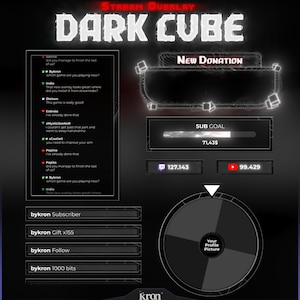 May include: Dark Cube stream overlay design with a dark theme. Features include a chat box, donation bar, sub goal progress, and social media counters. The design incorporates a wheel for profile pictures and a 'New Donation' section.