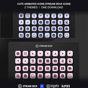 May include: A digital collection of Stream Deck icons featuring two distinct themes. The top set displays light purple icons on a dark background, while the bottom set features pink-tinted icons on a Stream Deck device. Text reads CUTE ANIMATED ICONS STREAM DECK ICONS 2 THEMES / ONE DOWNLOAD.