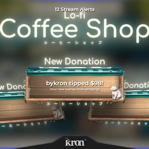 Op de afbeelding: Digitale overlay voor een Lo-fi Coffee Shop stream, met drie donatieboxen met houten texturen en teal accenten. Elke doos heeft een wit kattenbeeldje. Tekst bevat "New Donation" en "bykron tipped $98!"