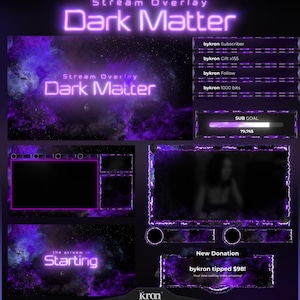 May include: A digital stream overlay design with a dark purple and black space theme. The text "Dark Matter" is displayed in a neon purple font. The design includes sections for subscriber, gift, follow, and donation notifications.