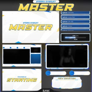 May include: A digital stream overlay design with a white and blue color scheme. The word "MASTER" is prominently displayed in yellow. Includes sections for stream information, subscriber counts, and a "NEW DONATION" section. The text "THE STREAM IS STARTING" is also visible.