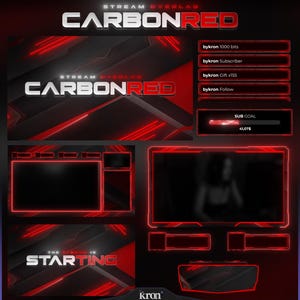 Carbon Red Stream Overlay Pack, animerade scener, varningar, widgets Twitch Overlay
