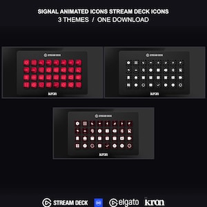 May include: Three Stream Deck control panels displaying animated icon sets in red, white, and a combination of red and white. The text reads: SIGNAL ANIMATED ICONS STREAM DECK ICONS 3 THEMES / ONE DOWNLOAD. Logos for Stream Deck, Elgato, and kron are visible.