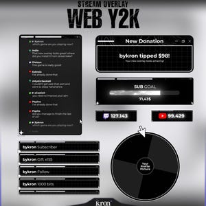 May include: A black and white digital stream overlay set featuring a chat box, donation alert, sub goal bar, social media counters, notification bars labelled byron, and a circular profile picture frame with a cursor icon on a grey background.