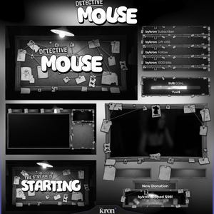 Peut inclure: Éléments graphiques en noir et blanc pour une configuration de streaming, sur le thème d'un détective. Comprend un écran principal avec le texte "DETECTIVE MOUSE", un écran "THE STREAM IS STARTING" et divers éléments de superposition.