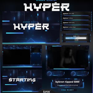 Peut inclure: Un design de superposition de flux numérique avec un schéma de couleurs bleu foncé et noir. Le mot "HYPER" est affiché en blanc, avec du texte et des graphiques supplémentaires dans un style futuriste. Comprend des sections pour les informations et les alertes de flux.