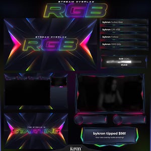 Peut inclure: Un design de superposition de flux numérique avec un fond sombre et des accents RVB néon. La conception comprend plusieurs panneaux pour afficher les informations du flux, telles que les décomptes d'abonnés, les notifications de suivi et une barre de progression des objectifs secondaires. Le texte comprend "RGB" et "The Stream is Starting".