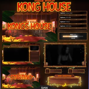 Może przedstawiać: Cyfrowa nakładka strumieniowa z motywem dżungli. Projekt zawiera tekst "KONG HOUSE" i "KONG'S HOUSE" pogrubioną, pomarańczową czcionką. Nakładka zawiera sekcje z informacjami o subskrybentach, licznikami obserwujących i paskiem celu darowizny. Widoczne są również banany i drewniane beczki.