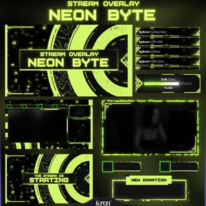 May include: A neon green and black digital stream overlay design. The text "STREAM OVERLAY NEON BYTE" is featured. Includes sections for subscriber, gift, follow, and donation notifications, and a sub goal progress bar. The text "THE STREAM IS STARTING" is also visible.