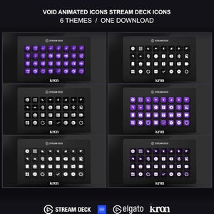 Pode incluir: Uma coleção de seis conjuntos de ícones para Stream Deck intitulada Void Animated Icons Stream Deck Icons 6 Themes One Download. O display mostra várias grades de ícones quadrados em tons roxos e brancos, com símbolos de mídia e ferramentas.
