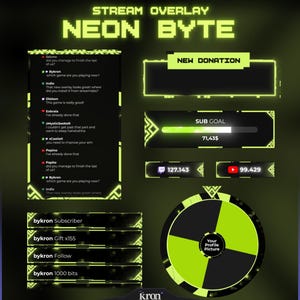 May include: A digital stream overlay design with a neon green and black color scheme. The design includes chat boxes, donation alerts, sub goals, and social media counters. The text "NEON BYTE" is prominently displayed at the top. The overlay is designed for streaming platforms.
