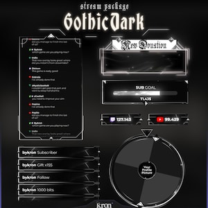 Pode incluir: Um pacote de transmissão com tema sombrio, intitulado "Gothic Dark", com um esquema de cores preto e cinza. Inclui caixas de bate-papo, alertas de doação, metas de assinatura e contadores de mídia social. O design apresenta uma fonte gótica.