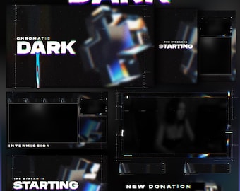 Puede incluir: Un conjunto de superposiciones de streaming digital titulado Chromatic Dark, con fondos negros y texto con efecto glitch. Los elementos incluyen pantallas para Starting, Intermission y New Donation, acentuadas con aberración cromática azul y blanca.